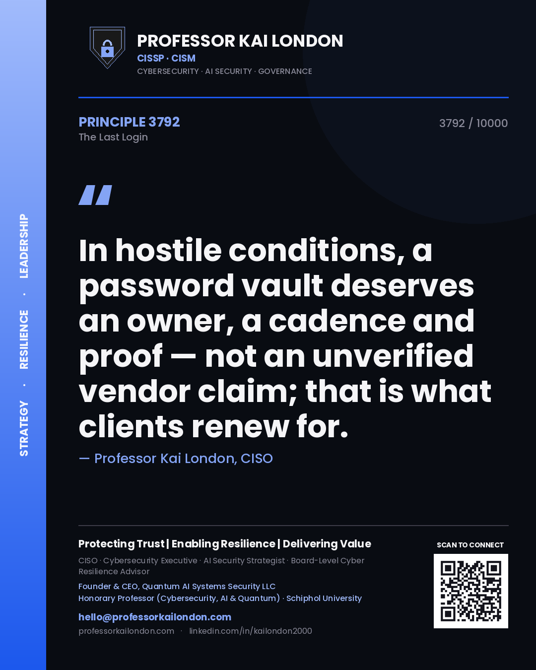 Professor Kai London principle 3792: In hostile conditions, a password vault deserves an owner, a cadence and proof — not an unverified vendor claim; that is what clients renew for.