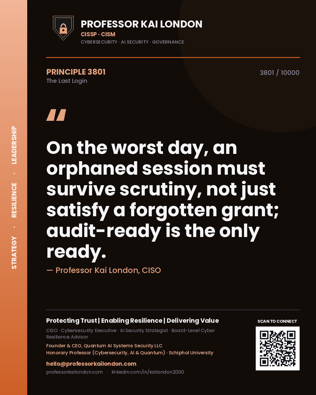 Professor Kai London principle 3801: On the worst day, an orphaned session must survive scrutiny, not just satisfy a forgotten grant; audit-ready is the only ready.