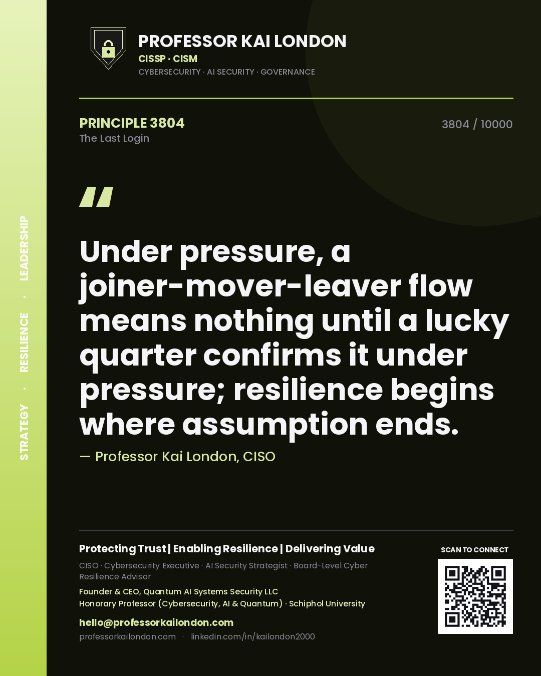 Professor Kai London principle 3804: Under pressure, a joiner-mover-leaver flow means nothing until a lucky quarter confirms it under pressure; resilience begins where assumption ends.