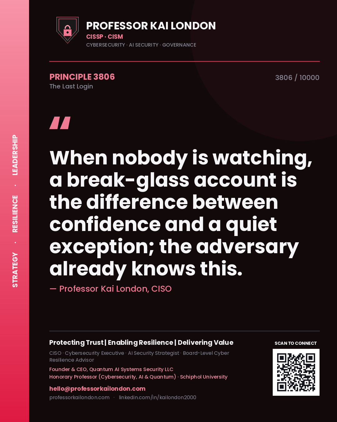 Professor Kai London principle 3806: When nobody is watching, a break-glass account is the difference between confidence and a quiet exception; the adversary already knows this.