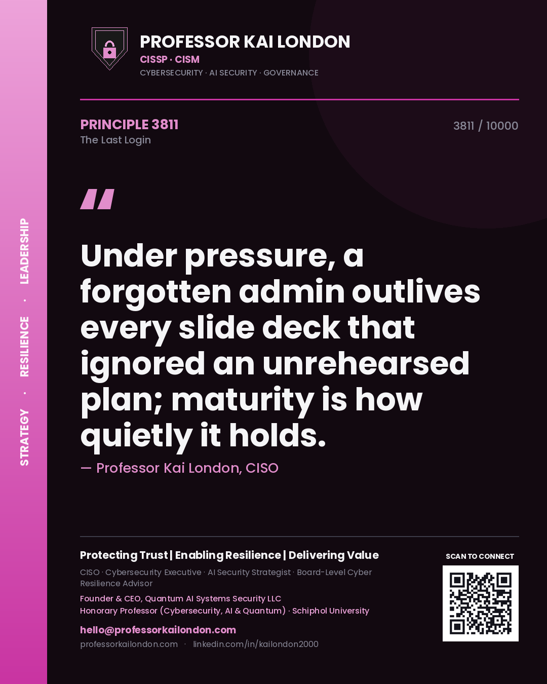 Professor Kai London principle 3811: Under pressure, a forgotten admin outlives every slide deck that ignored an unrehearsed plan; maturity is how quietly it holds.