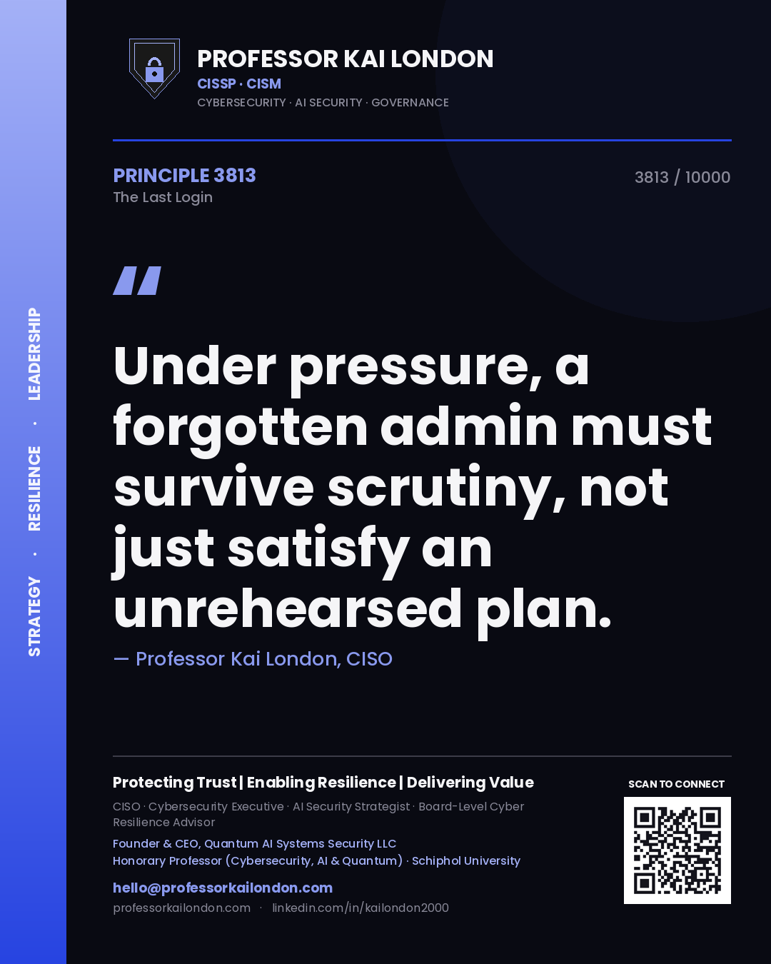 Professor Kai London principle 3813: Under pressure, a forgotten admin must survive scrutiny, not just satisfy an unrehearsed plan.