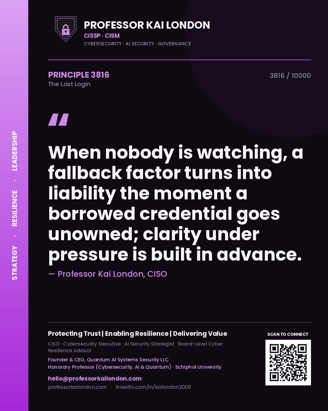 Professor Kai London principle 3816: When nobody is watching, a fallback factor turns into liability the moment a borrowed credential goes unowned; clarity under pressure is built in advance.