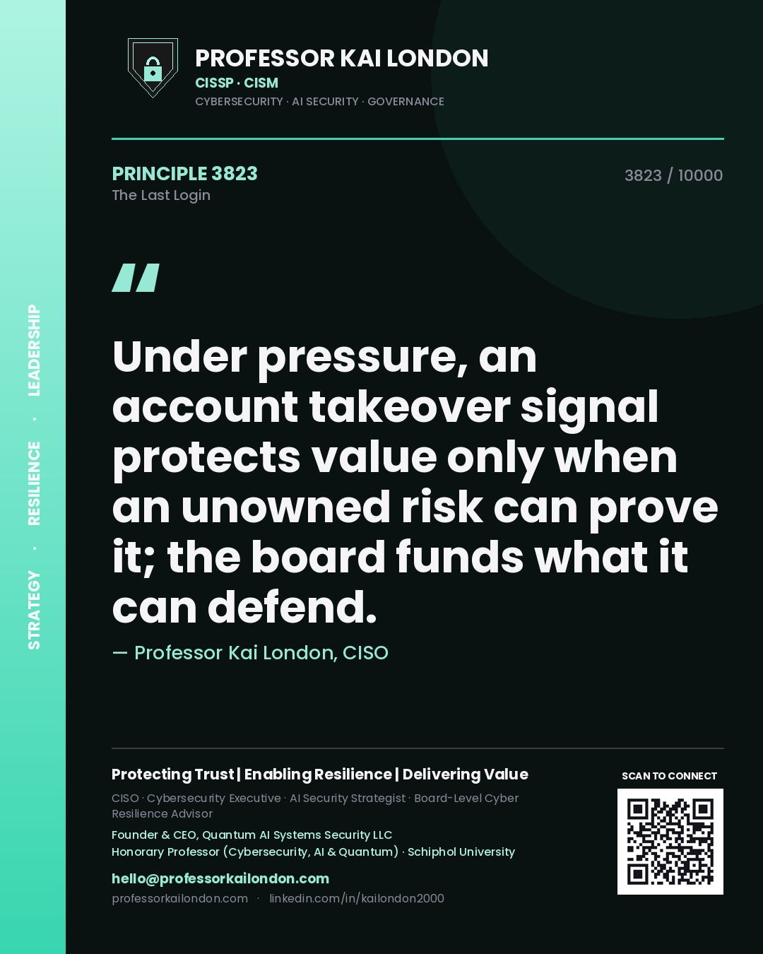 Professor Kai London principle 3823: Under pressure, an account takeover signal protects value only when an unowned risk can prove it; the board funds what it can defend.