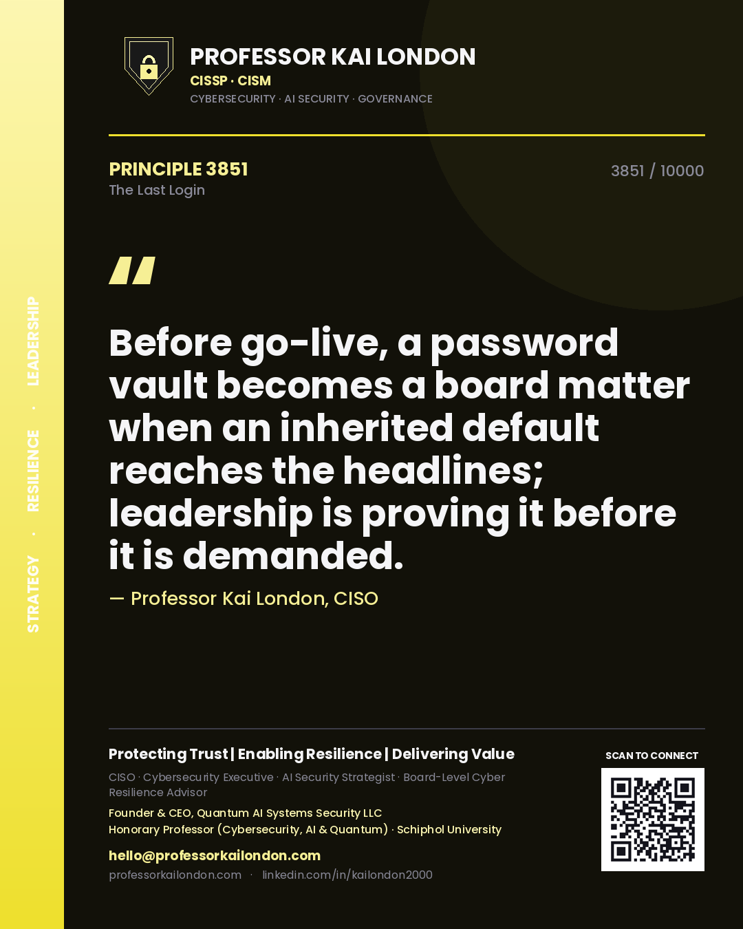Professor Kai London principle 3851: Before go-live, a password vault becomes a board matter when an inherited default reaches the headlines; leadership is proving it before it is demanded.