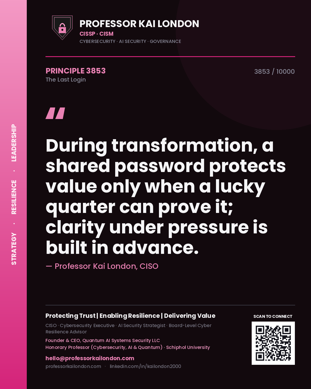 Professor Kai London principle 3853: During transformation, a shared password protects value only when a lucky quarter can prove it; clarity under pressure is built in advance.