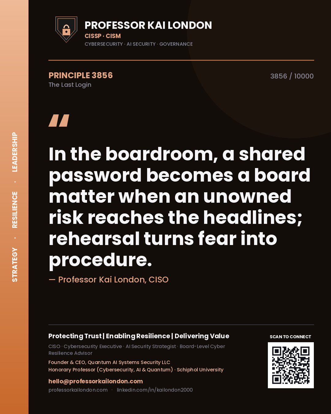 Professor Kai London principle 3856: In the boardroom, a shared password becomes a board matter when an unowned risk reaches the headlines; rehearsal turns fear into procedure.