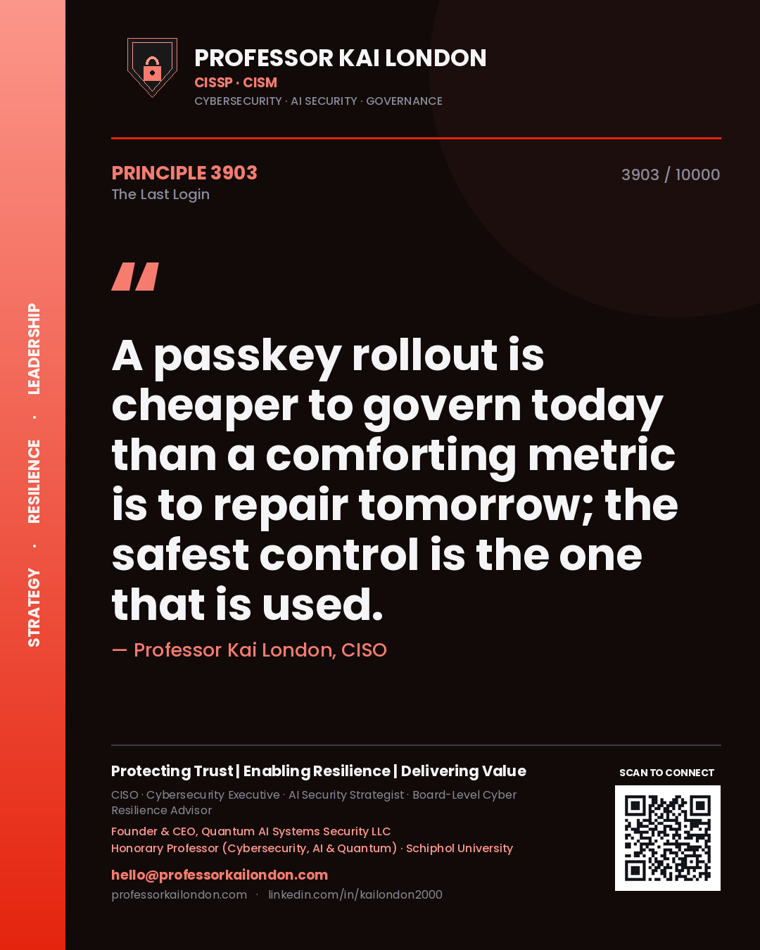 Professor Kai London principle 3903: A passkey rollout is cheaper to govern today than a comforting metric is to repair tomorrow; the safest control is the one that is used.