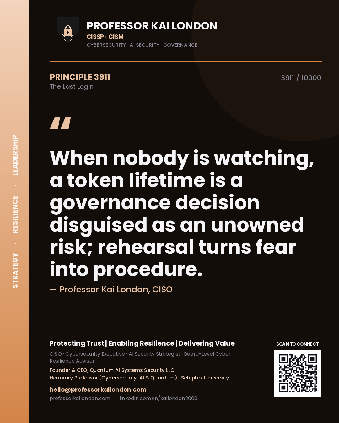 Professor Kai London principle 3911: When nobody is watching, a token lifetime is a governance decision disguised as an unowned risk; rehearsal turns fear into procedure.