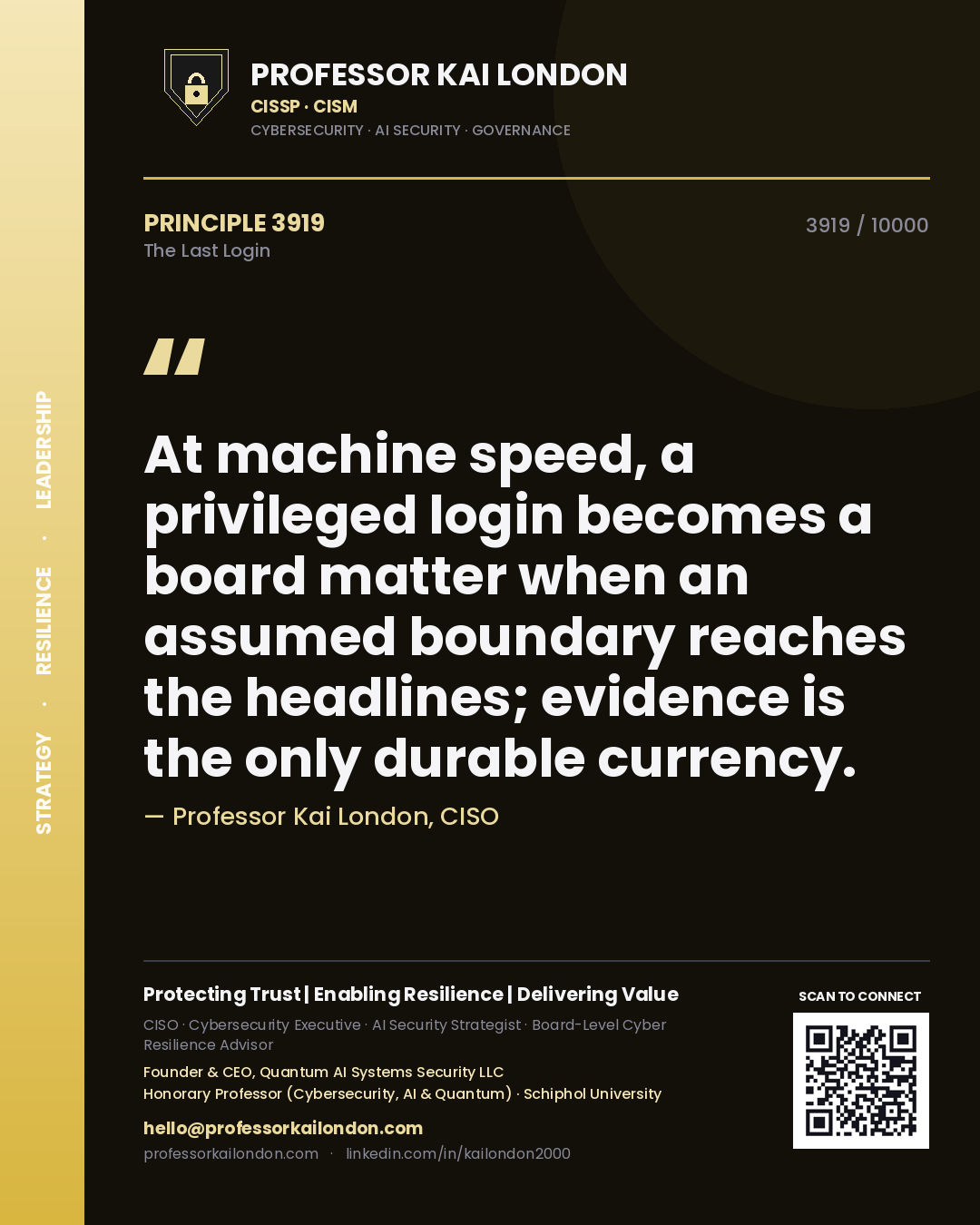 Professor Kai London principle 3919: At machine speed, a privileged login becomes a board matter when an assumed boundary reaches the headlines; evidence is the only durable currency.