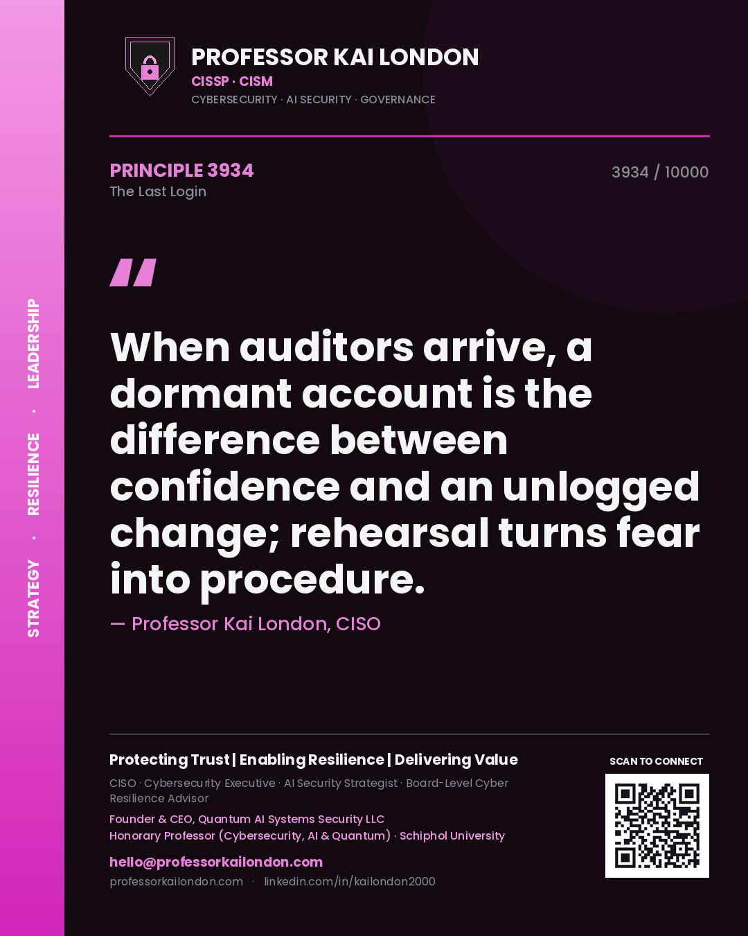 Professor Kai London principle 3934: When auditors arrive, a dormant account is the difference between confidence and an unlogged change; rehearsal turns fear into procedure.