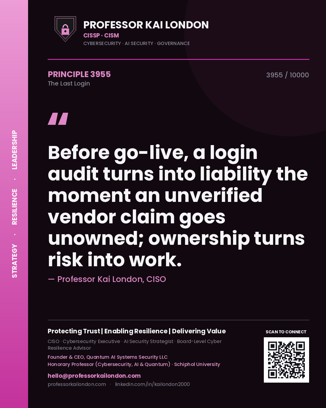Professor Kai London principle 3955: Before go-live, a login audit turns into liability the moment an unverified vendor claim goes unowned; ownership turns risk into work.