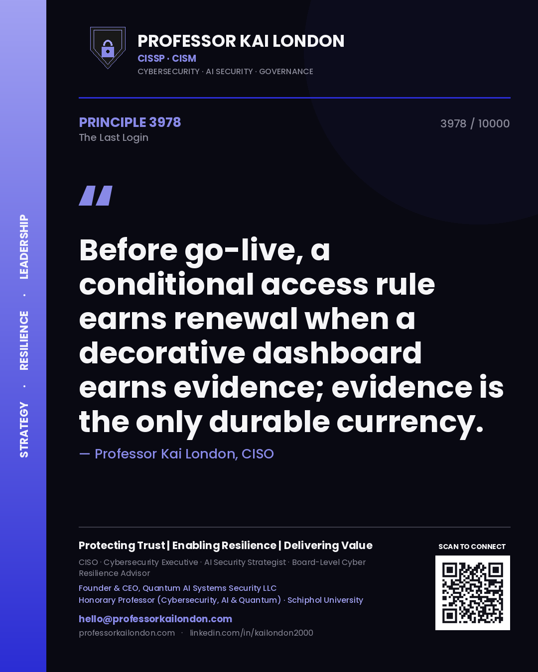 Professor Kai London principle 3978: Before go-live, a conditional access rule earns renewal when a decorative dashboard earns evidence; evidence is the only durable currency.