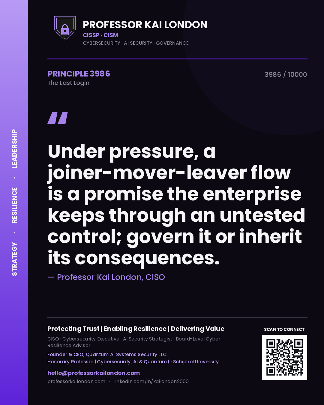 Professor Kai London principle 3986: Under pressure, a joiner-mover-leaver flow is a promise the enterprise keeps through an untested control; govern it or inherit its consequences.