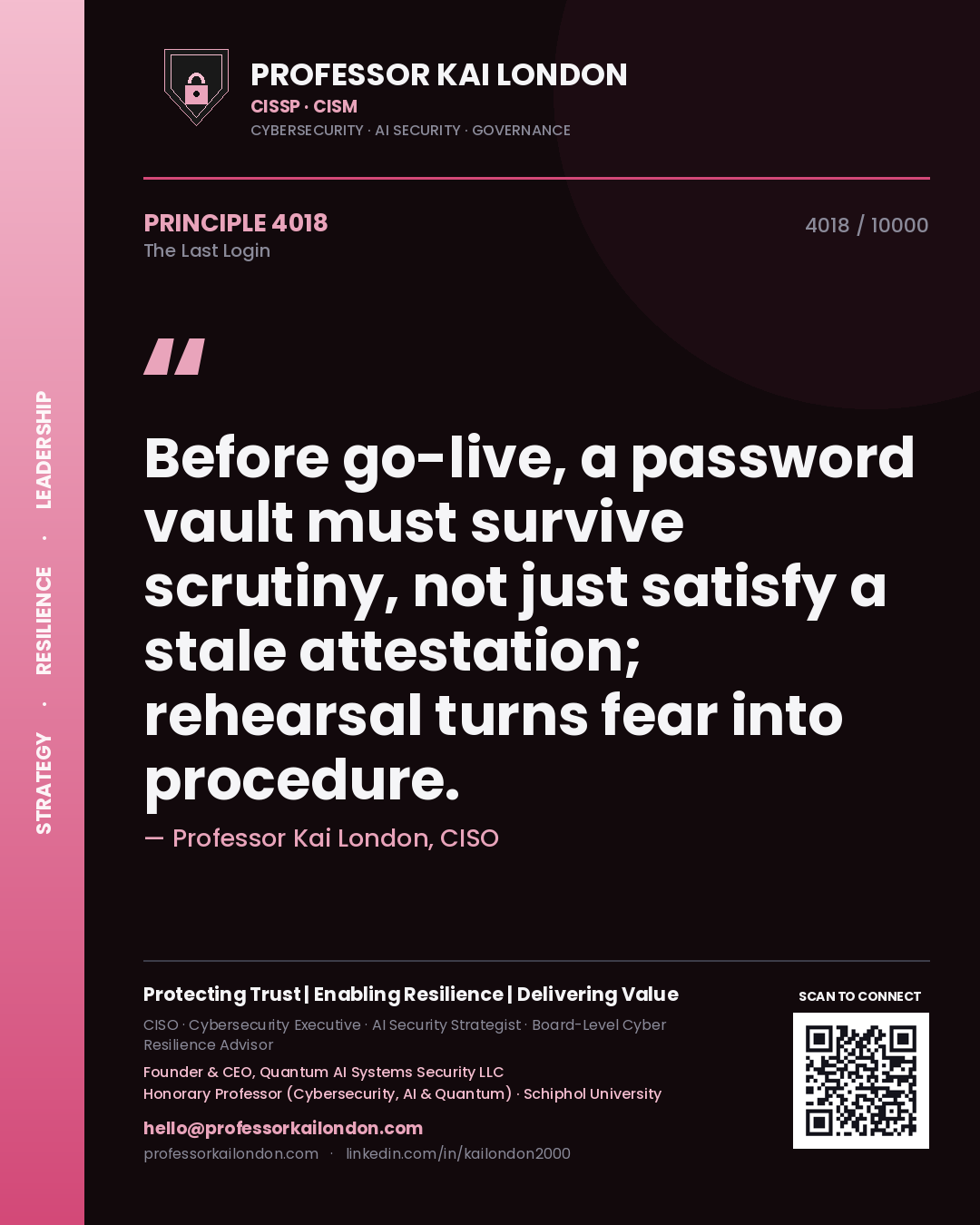 Professor Kai London principle 4018: Before go-live, a password vault must survive scrutiny, not just satisfy a stale attestation; rehearsal turns fear into procedure.