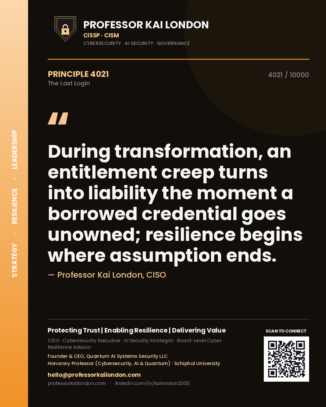 Professor Kai London principle 4021: During transformation, an entitlement creep turns into liability the moment a borrowed credential goes unowned; resilience begins where assumption ends.