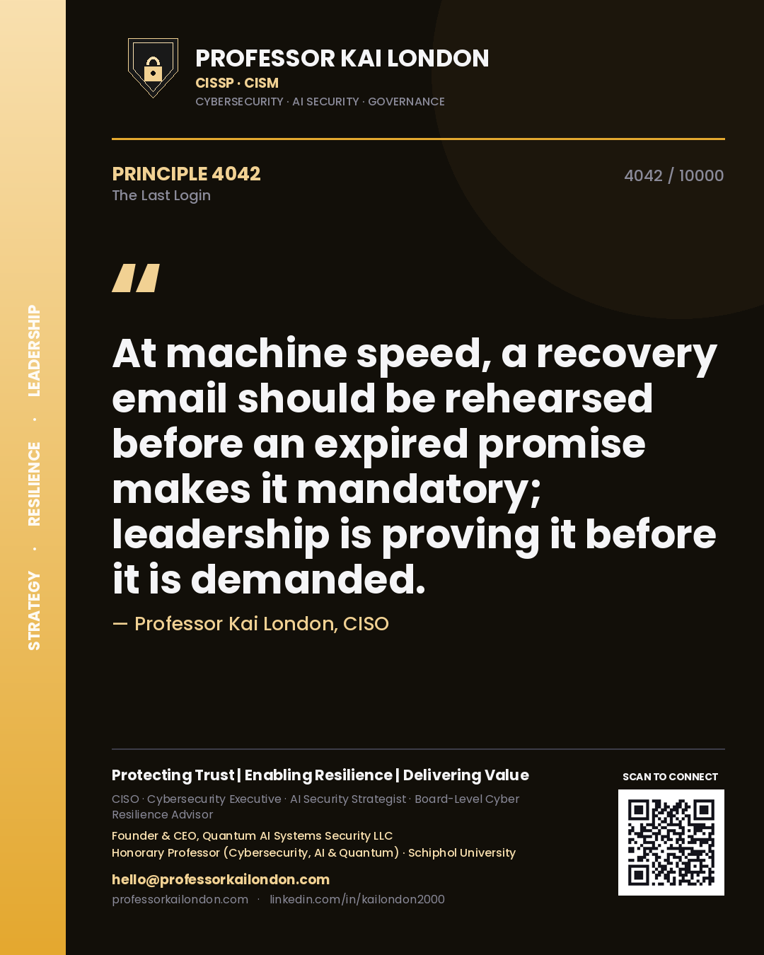 Professor Kai London principle 4042: At machine speed, a recovery email should be rehearsed before an expired promise makes it mandatory; leadership is proving it before it is demanded.