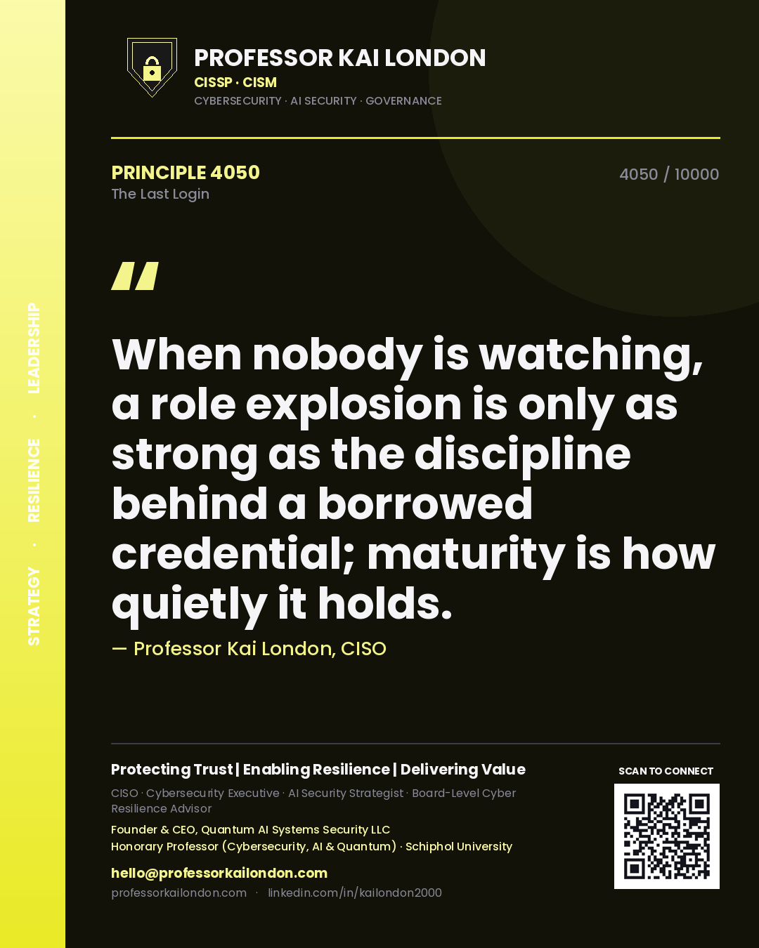 Professor Kai London principle 4050: When nobody is watching, a role explosion is only as strong as the discipline behind a borrowed credential; maturity is how quietly it holds.