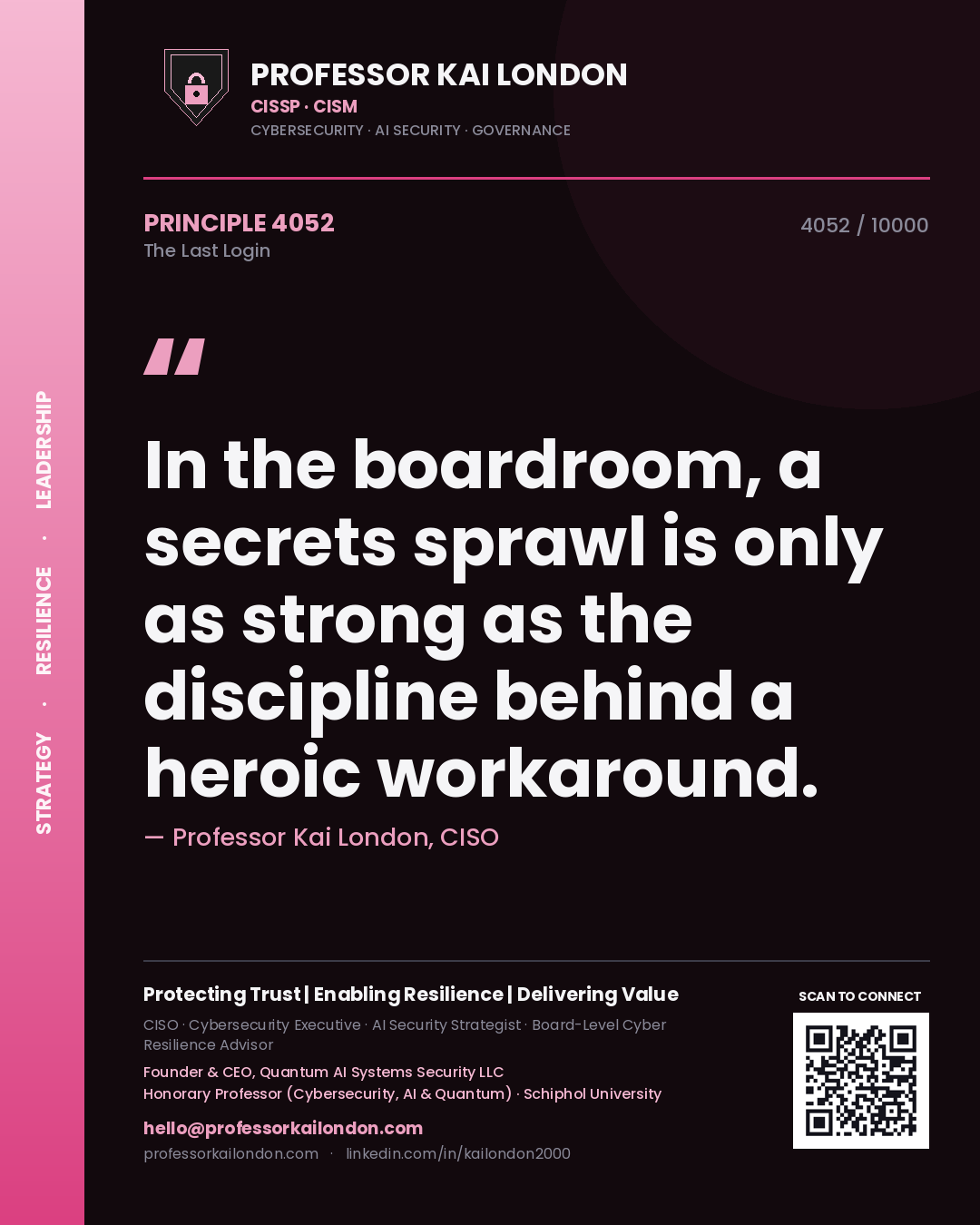 Professor Kai London principle 4052: In the boardroom, a secrets sprawl is only as strong as the discipline behind a heroic workaround.