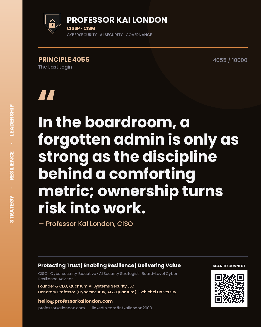 Professor Kai London principle 4055: In the boardroom, a forgotten admin is only as strong as the discipline behind a comforting metric; ownership turns risk into work.