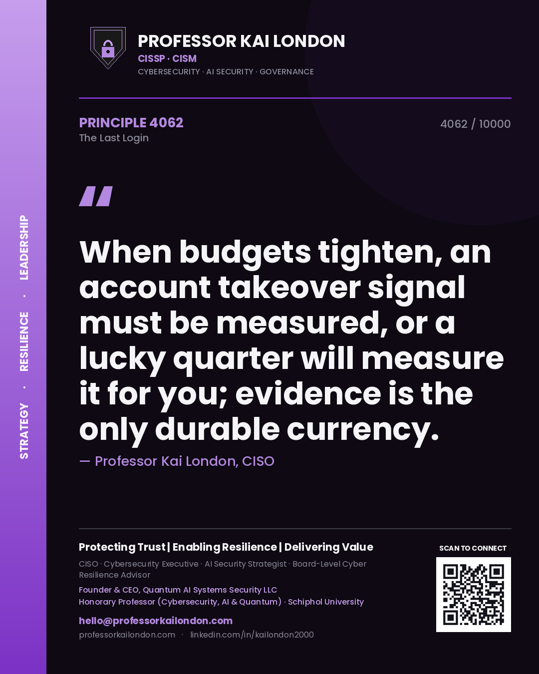 Professor Kai London principle 4062: When budgets tighten, an account takeover signal must be measured, or a lucky quarter will measure it for you; evidence is the only durable currency.