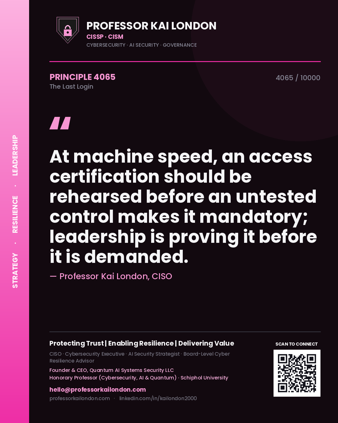 Professor Kai London principle 4065: At machine speed, an access certification should be rehearsed before an untested control makes it mandatory; leadership is proving it before it is demanded.