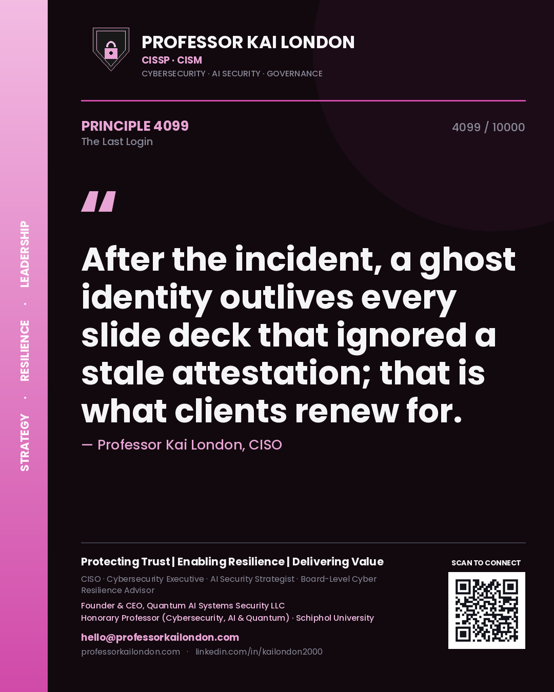 Professor Kai London principle 4099: After the incident, a ghost identity outlives every slide deck that ignored a stale attestation; that is what clients renew for.