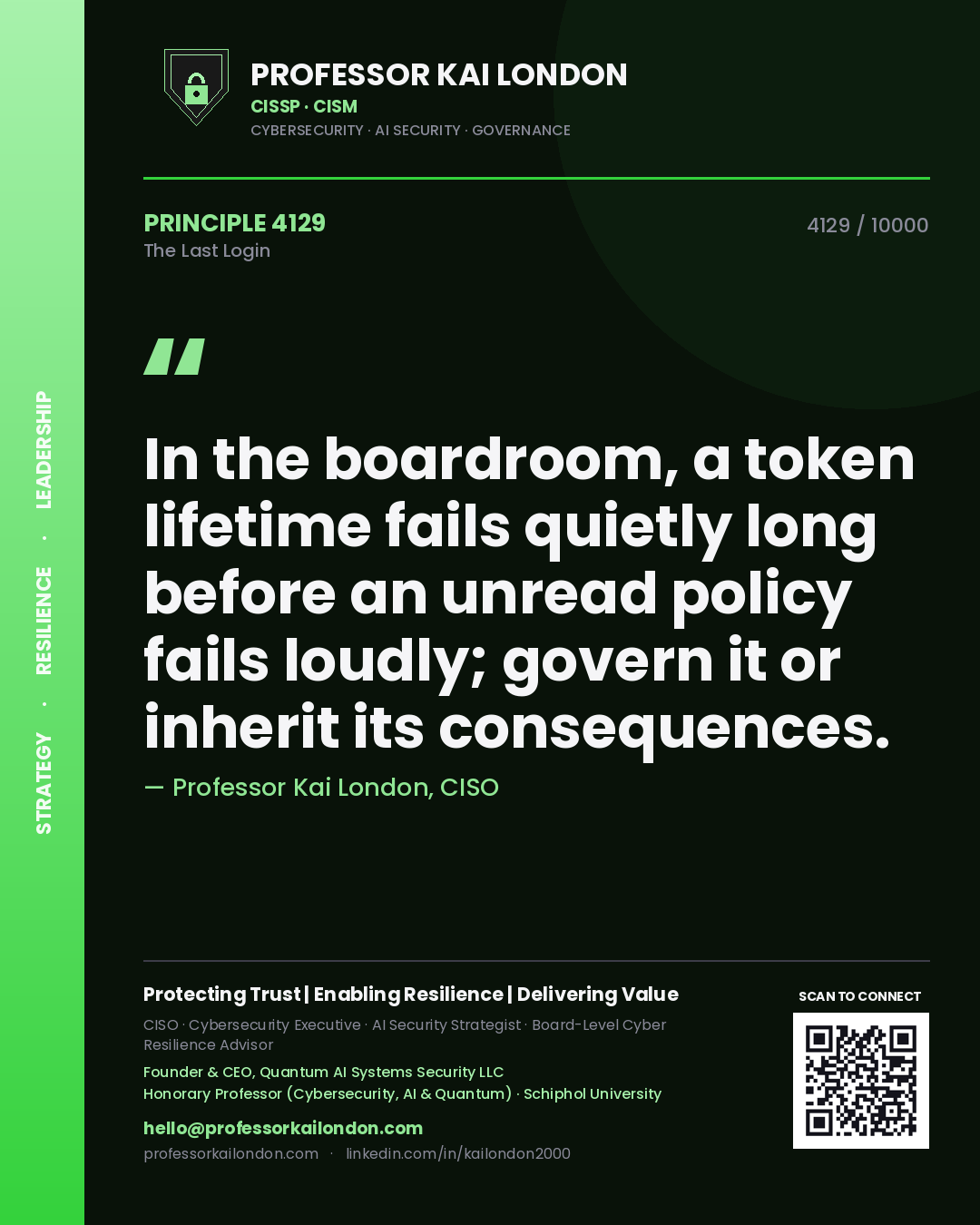 Professor Kai London principle 4129: In the boardroom, a token lifetime fails quietly long before an unread policy fails loudly; govern it or inherit its consequences.
