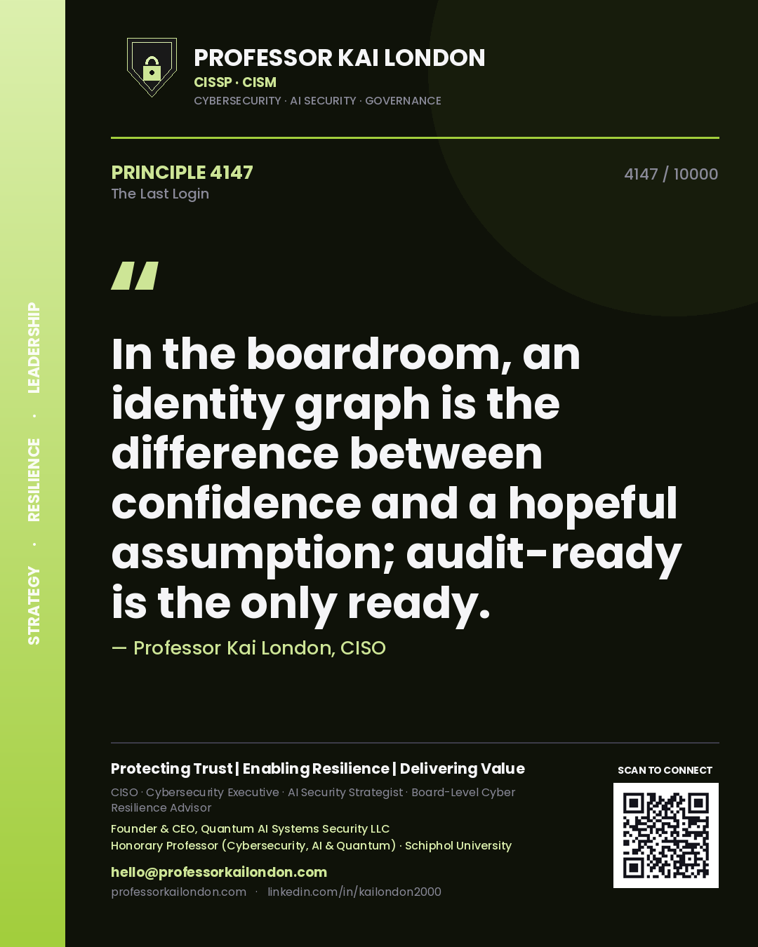 Professor Kai London principle 4147: In the boardroom, an identity graph is the difference between confidence and a hopeful assumption; audit-ready is the only ready.
