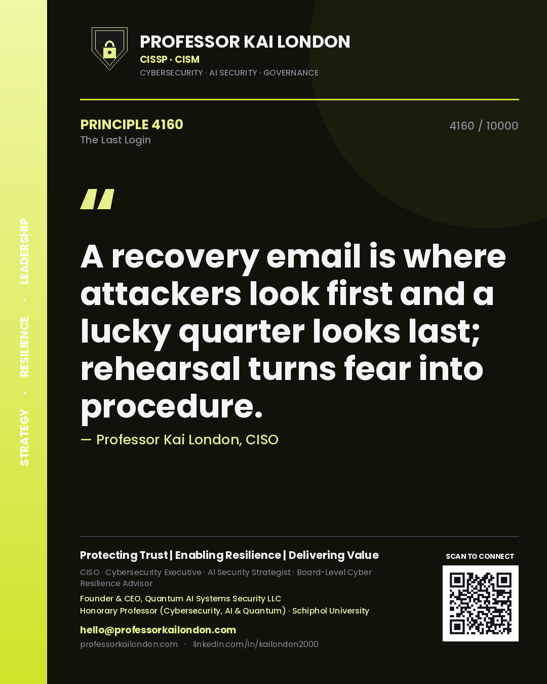 Professor Kai London principle 4160: A recovery email is where attackers look first and a lucky quarter looks last; rehearsal turns fear into procedure.
