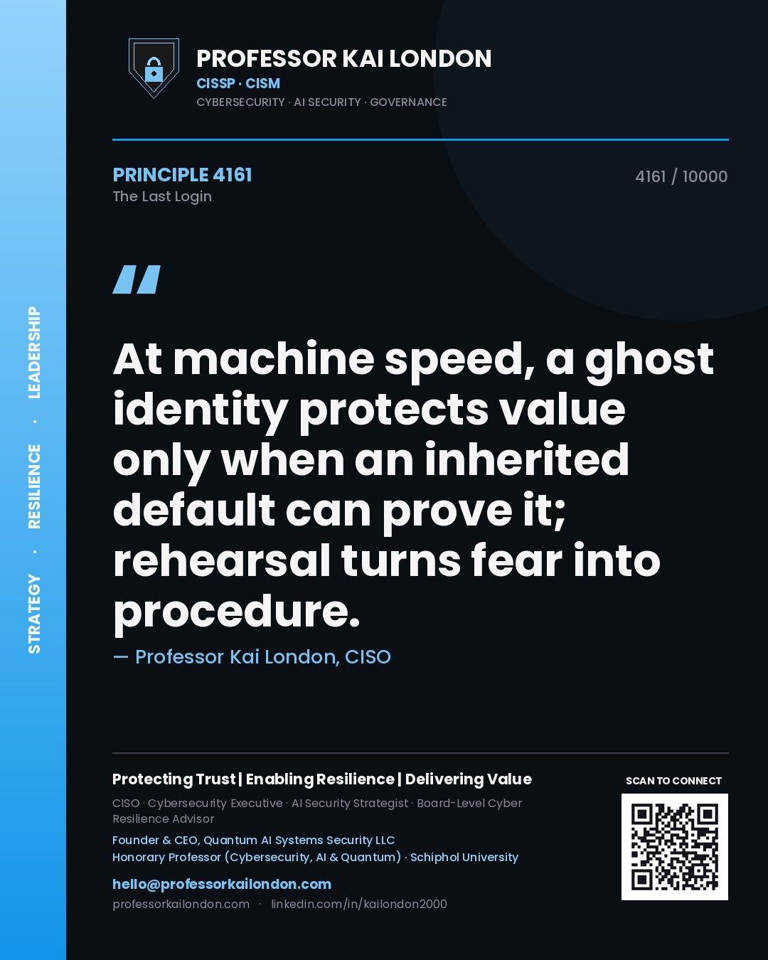 Professor Kai London principle 4161: At machine speed, a ghost identity protects value only when an inherited default can prove it; rehearsal turns fear into procedure.