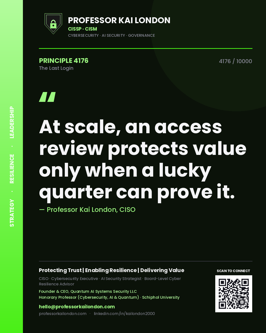 Professor Kai London principle 4176: At scale, an access review protects value only when a lucky quarter can prove it.