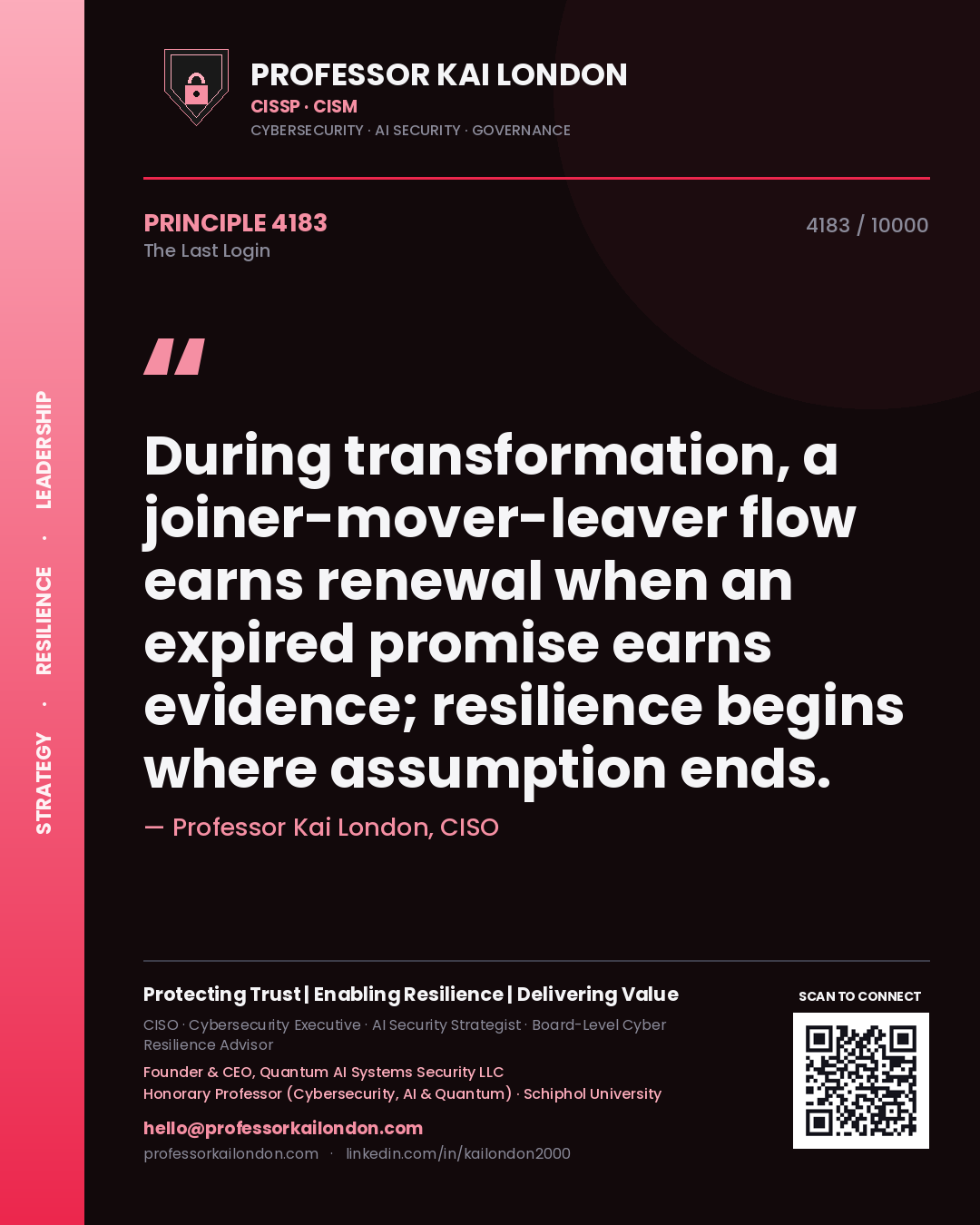 Professor Kai London principle 4183: During transformation, a joiner-mover-leaver flow earns renewal when an expired promise earns evidence; resilience begins where assumption ends.