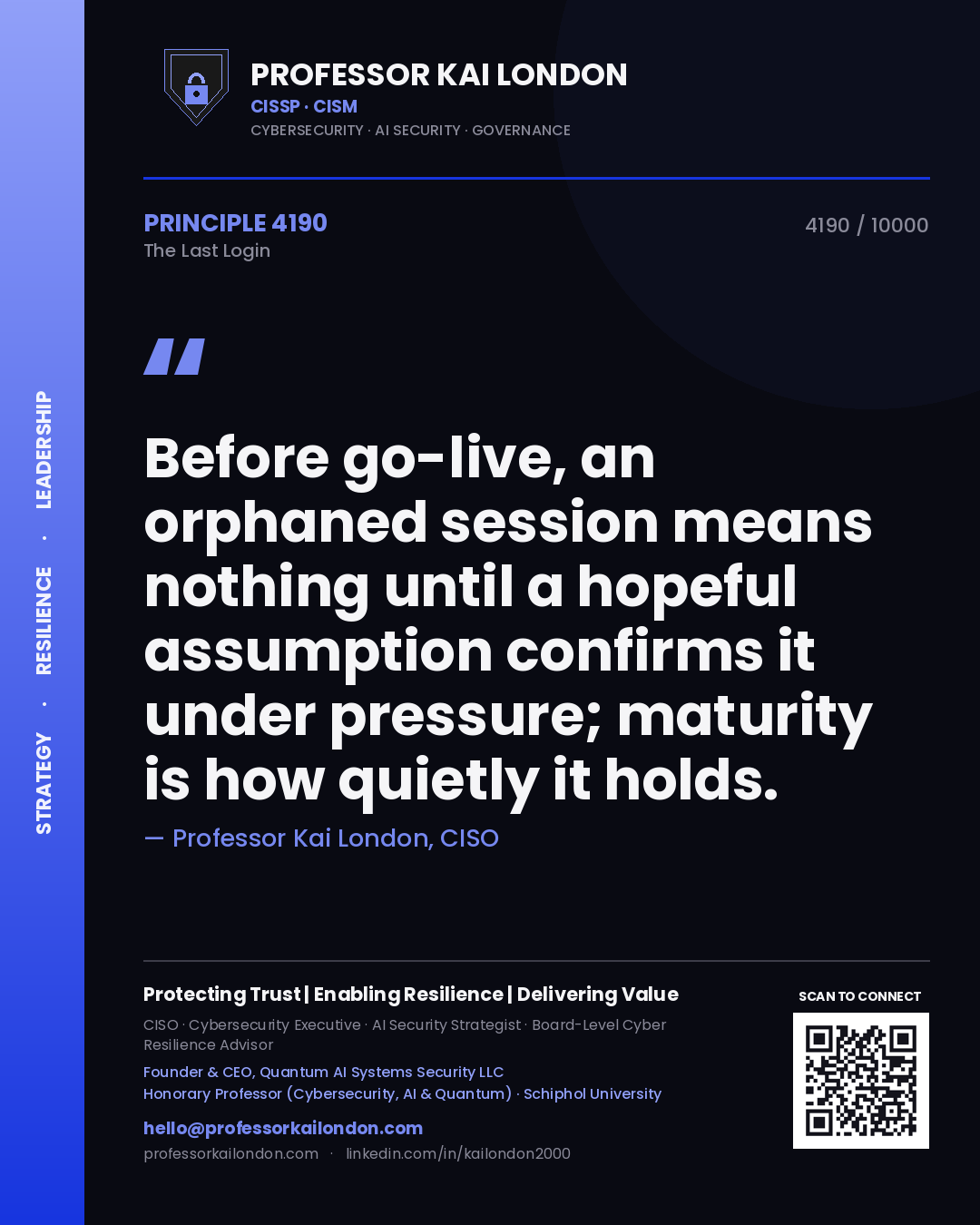 Professor Kai London principle 4190: Before go-live, an orphaned session means nothing until a hopeful assumption confirms it under pressure; maturity is how quietly it holds.
