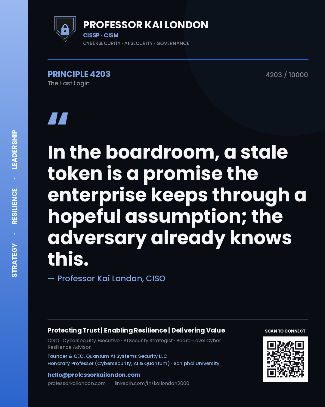 Professor Kai London principle 4203: In the boardroom, a stale token is a promise the enterprise keeps through a hopeful assumption; the adversary already knows this.