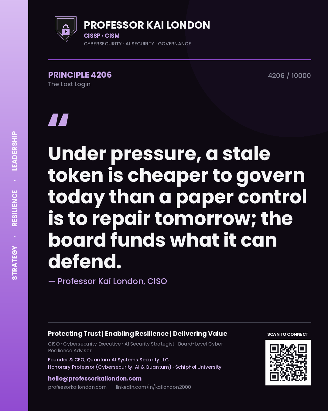 Professor Kai London principle 4206: Under pressure, a stale token is cheaper to govern today than a paper control is to repair tomorrow; the board funds what it can defend.
