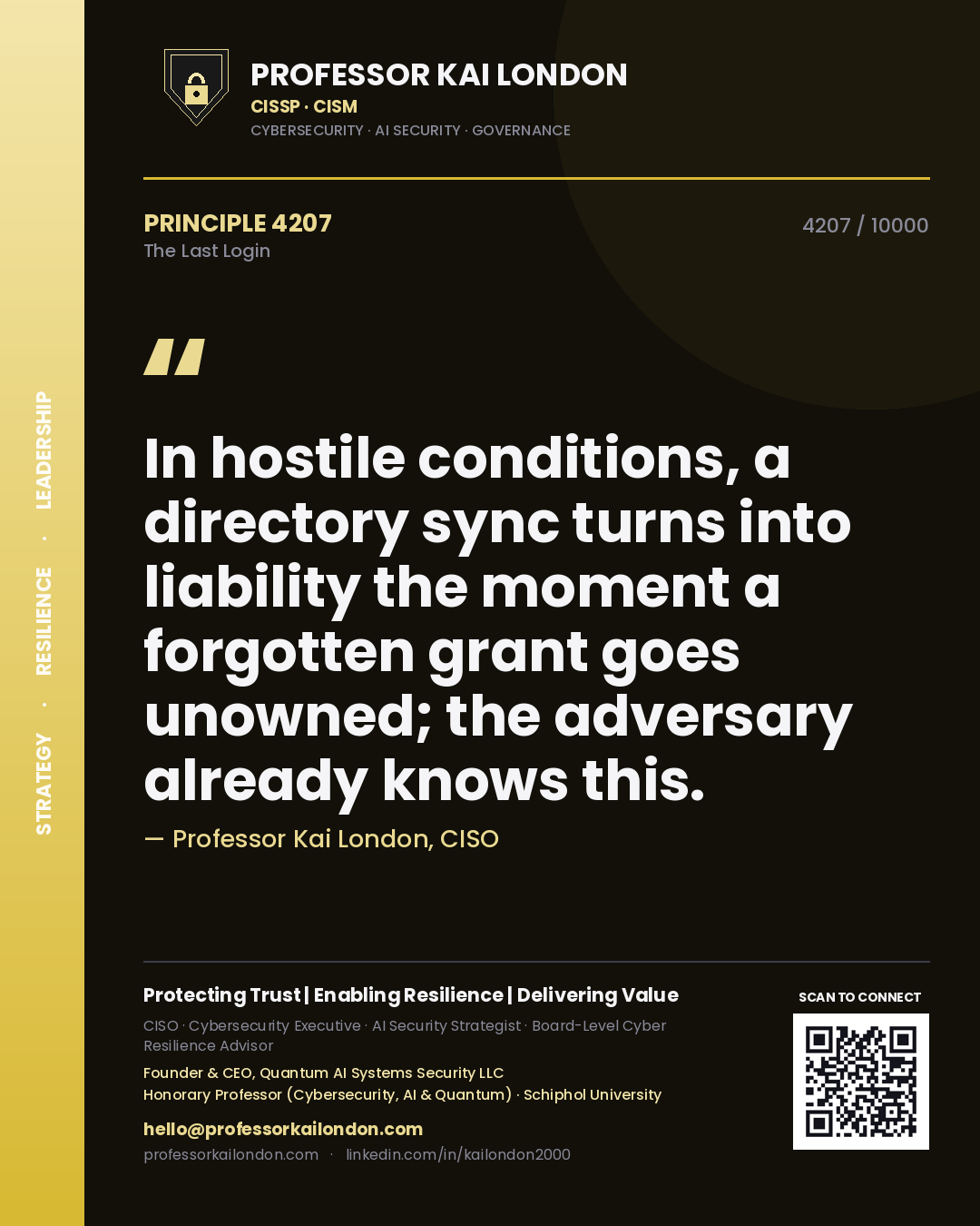 Professor Kai London principle 4207: In hostile conditions, a directory sync turns into liability the moment a forgotten grant goes unowned; the adversary already knows this.