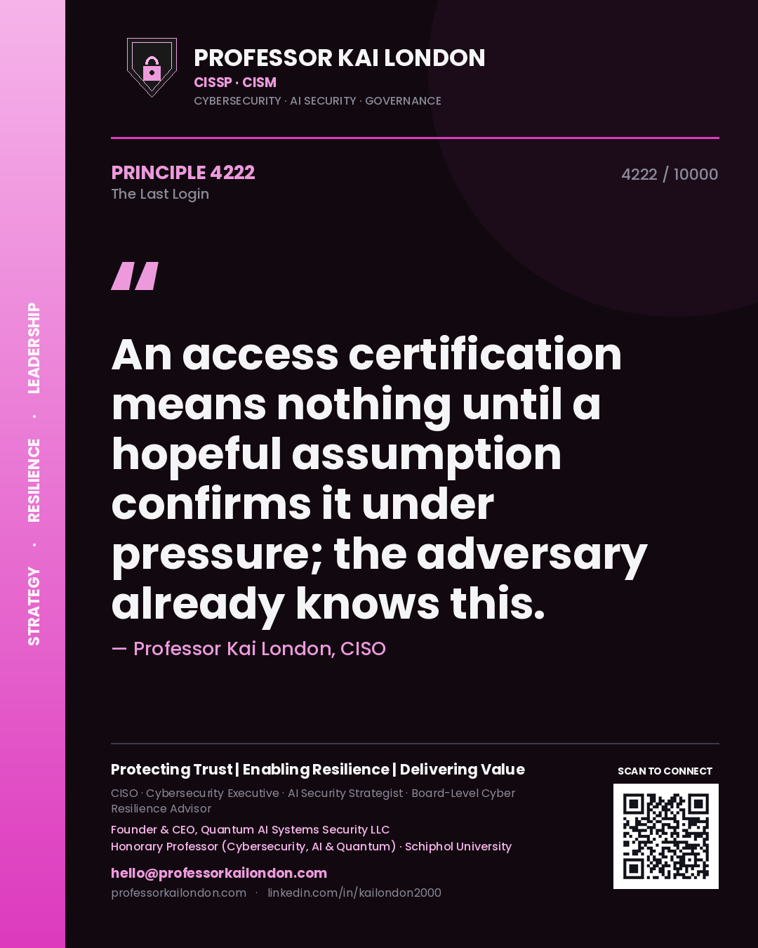 Professor Kai London principle 4222: An access certification means nothing until a hopeful assumption confirms it under pressure; the adversary already knows this.