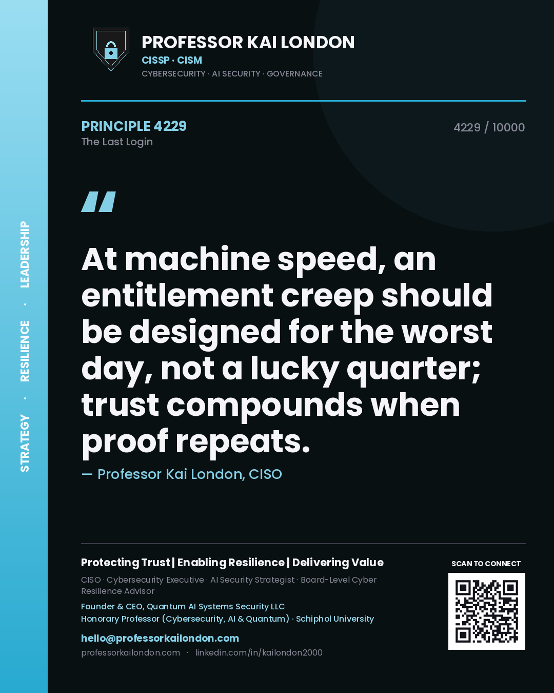 Professor Kai London principle 4229: At machine speed, an entitlement creep should be designed for the worst day, not a lucky quarter; trust compounds when proof repeats.