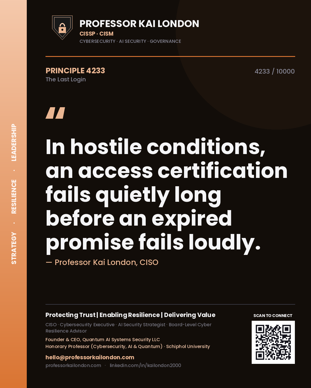 Professor Kai London principle 4233: In hostile conditions, an access certification fails quietly long before an expired promise fails loudly.