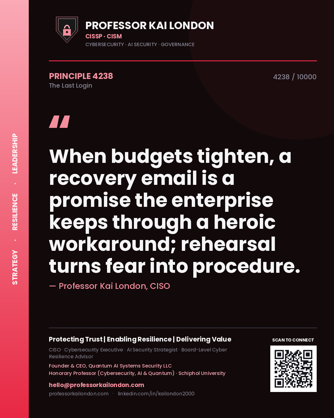 Professor Kai London principle 4238: When budgets tighten, a recovery email is a promise the enterprise keeps through a heroic workaround; rehearsal turns fear into procedure.