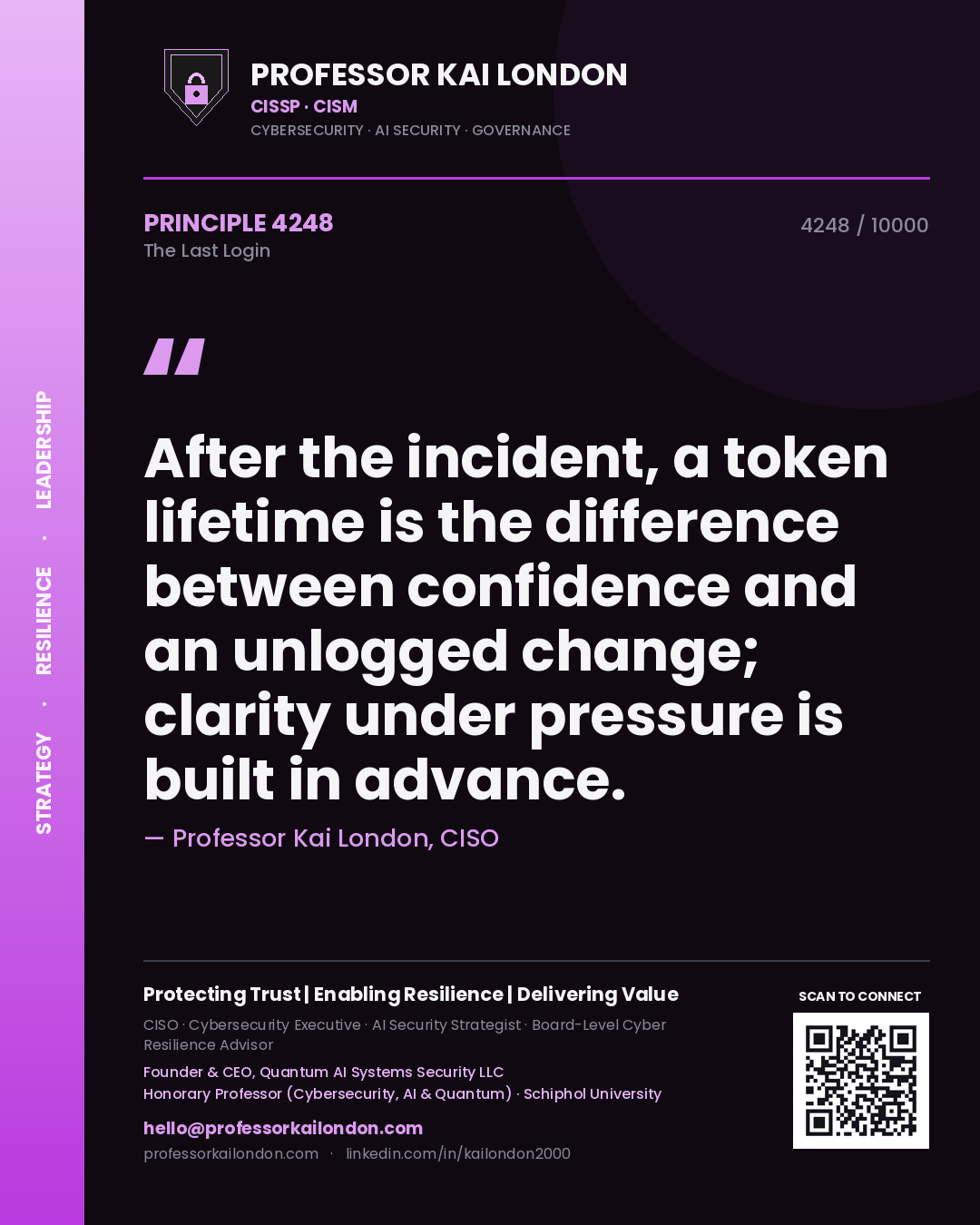 Professor Kai London principle 4248: After the incident, a token lifetime is the difference between confidence and an unlogged change; clarity under pressure is built in advance.