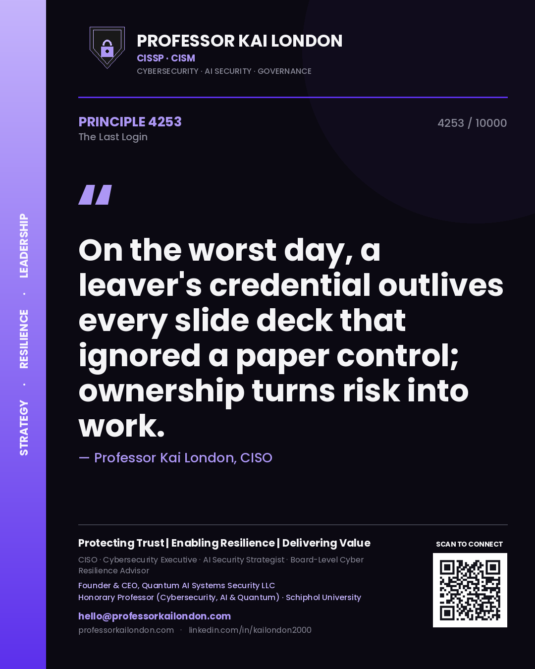 Professor Kai London principle 4253: On the worst day, a leaver's credential outlives every slide deck that ignored a paper control; ownership turns risk into work.