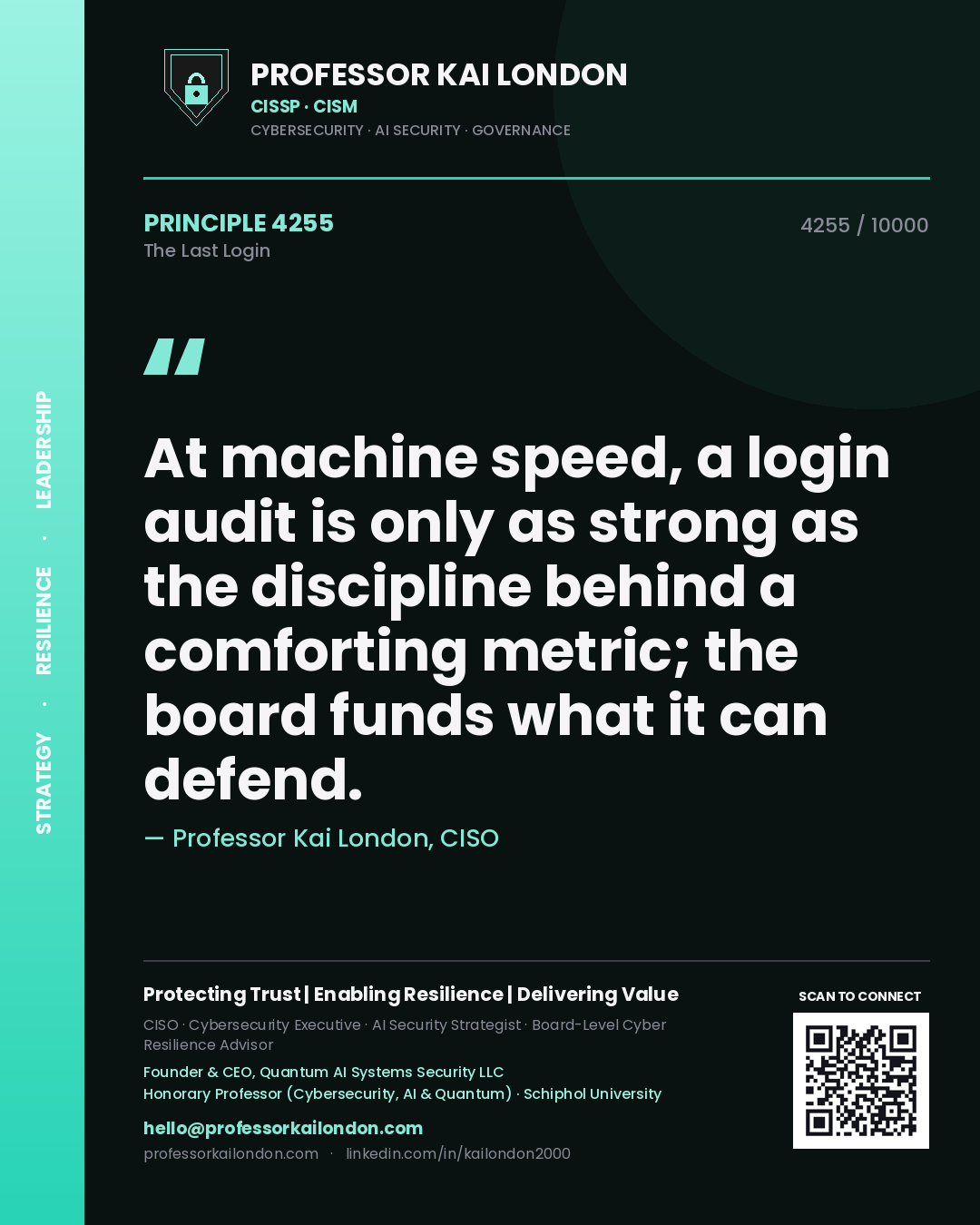 Professor Kai London principle 4255: At machine speed, a login audit is only as strong as the discipline behind a comforting metric; the board funds what it can defend.