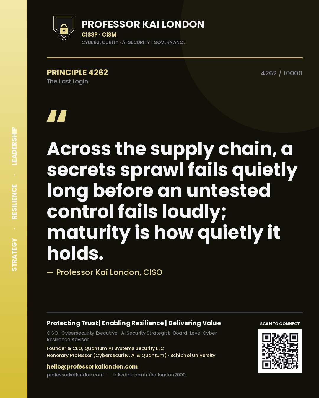 Professor Kai London principle 4262: Across the supply chain, a secrets sprawl fails quietly long before an untested control fails loudly; maturity is how quietly it holds.