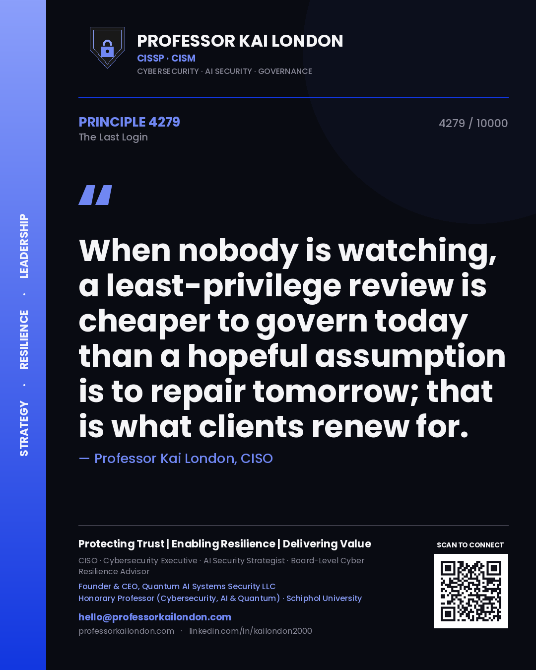 Professor Kai London principle 4279: When nobody is watching, a least-privilege review is cheaper to govern today than a hopeful assumption is to repair tomorrow; that is what clients renew for.