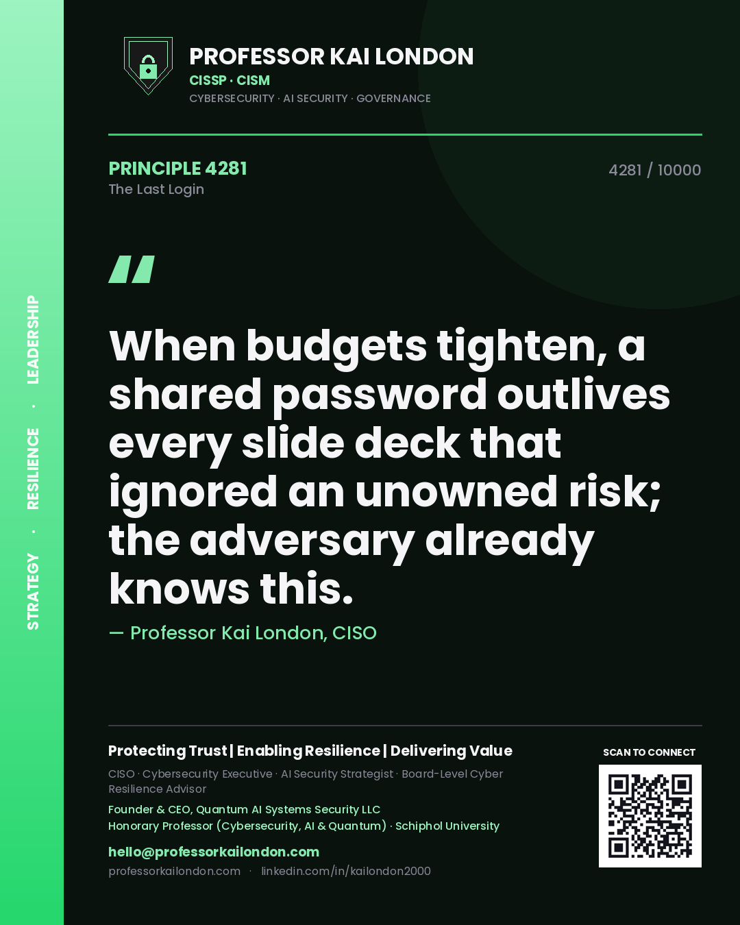 Professor Kai London principle 4281: When budgets tighten, a shared password outlives every slide deck that ignored an unowned risk; the adversary already knows this.