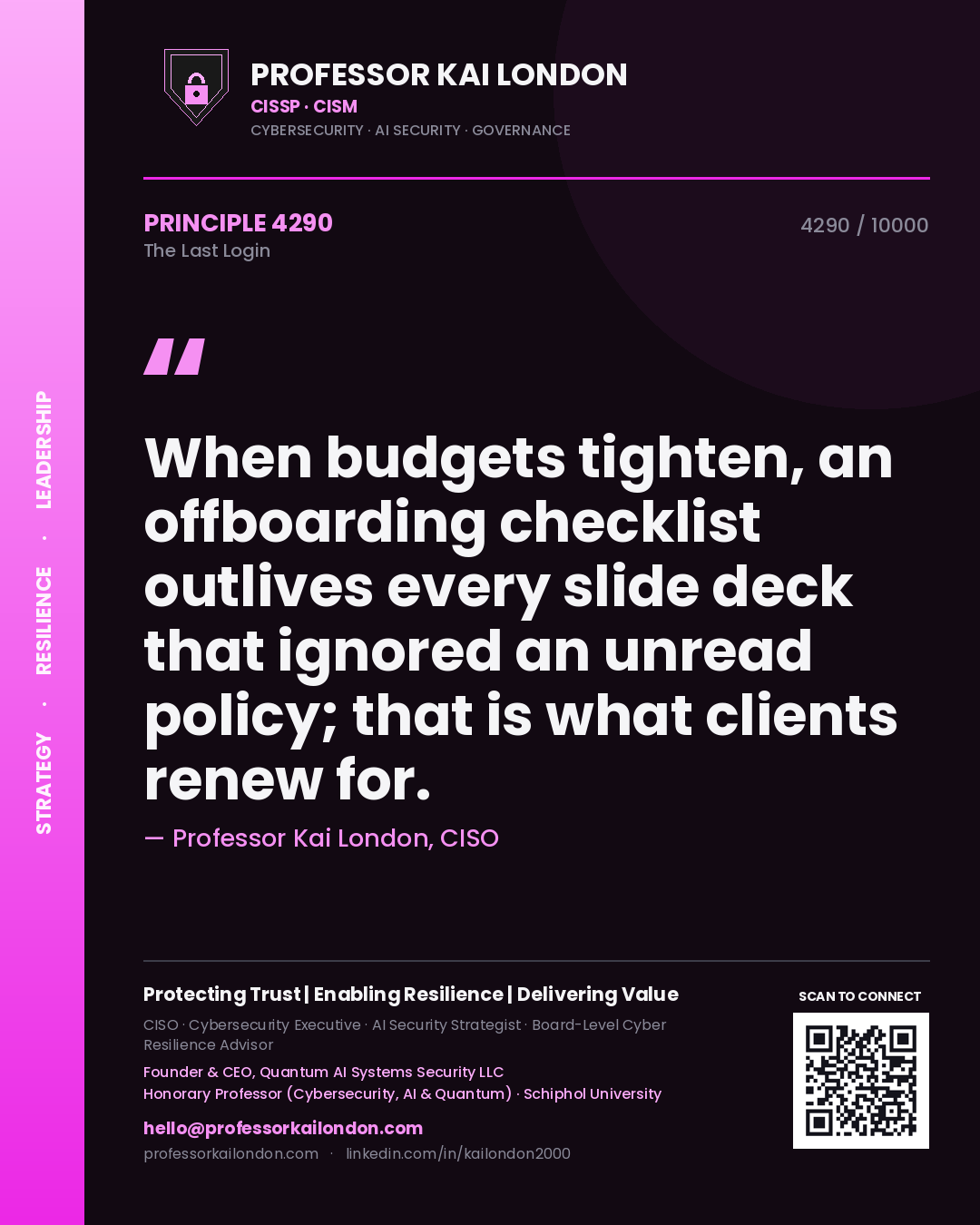 Professor Kai London principle 4290: When budgets tighten, an offboarding checklist outlives every slide deck that ignored an unread policy; that is what clients renew for.