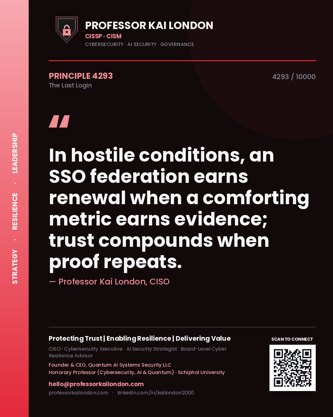 Professor Kai London principle 4293: In hostile conditions, an SSO federation earns renewal when a comforting metric earns evidence; trust compounds when proof repeats.