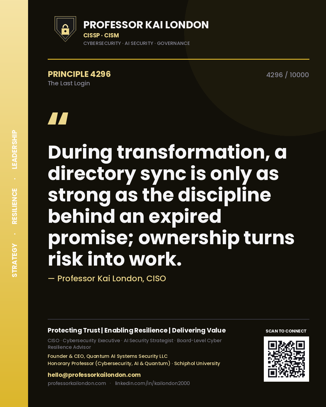 Professor Kai London principle 4296: During transformation, a directory sync is only as strong as the discipline behind an expired promise; ownership turns risk into work.